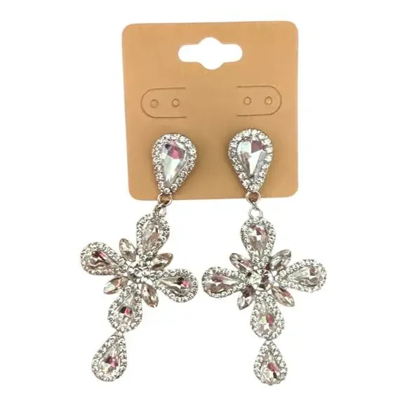 Fashion Nova Goddess of Grace Large Cross Glam Earrings in Silver - Picture 2 of 4